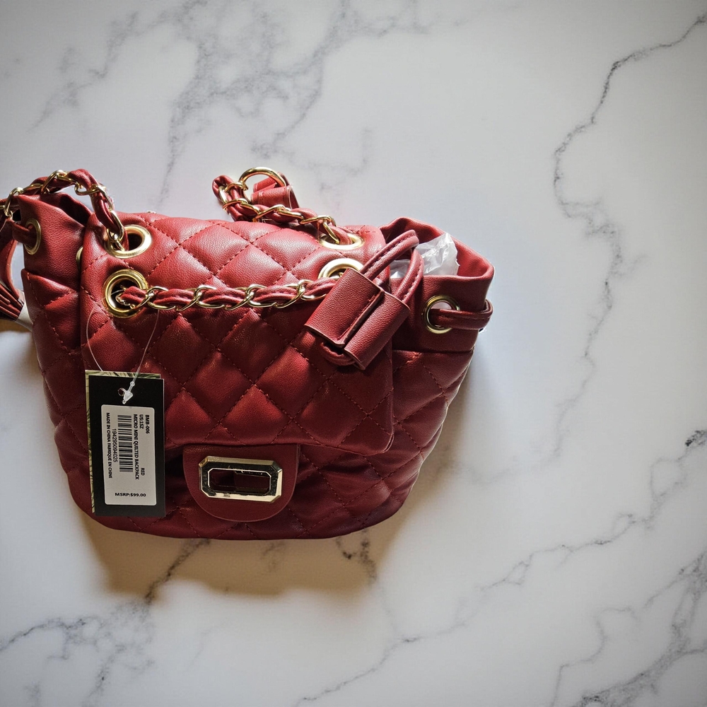NWT Badgley Mischka Mini Red Quilted Backpack with Chain Straps and logo clasp